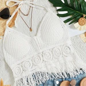 NWT Fringe Hem Tie Back Halter Top Cover Up